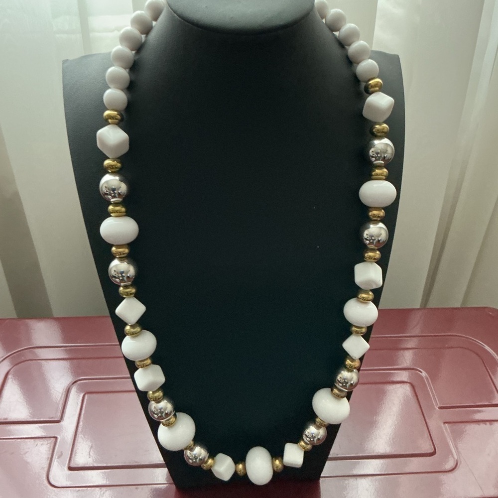Trifari Vintage White Lucite Gold and Silver Tone Necklace